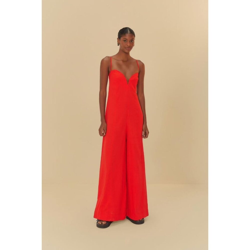 NWOT Farm Rio Linen Blend Sleeveless Halter Wide Leg Jumpsuit Sz M Red